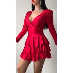 Rochie dama rosie perfecta Valentine's Day cu pliuri si pietricele stralucitoare