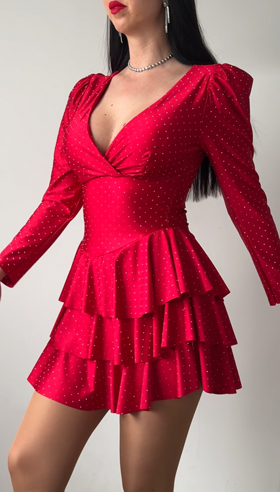 Rochie dama rosie perfecta Valentine's Day cu pliuri si pietricele stralucitoare
