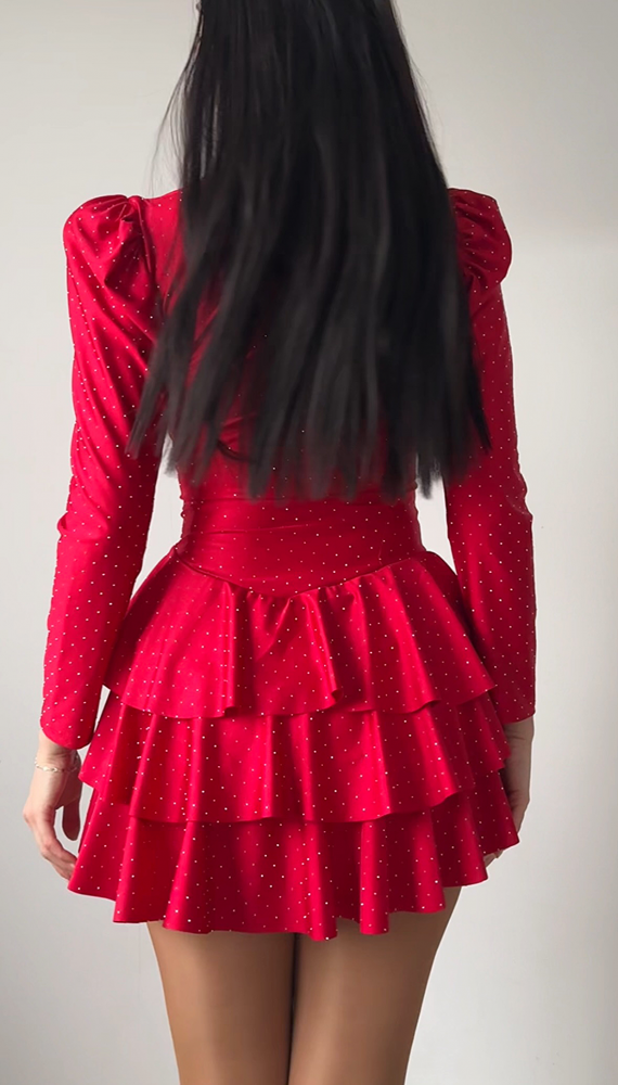 Rochie dama rosie perfecta Valentine's Day cu pliuri si pietricele stralucitoare