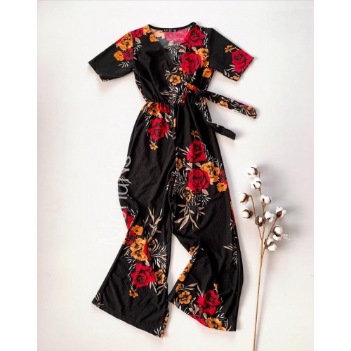 Salopeta dama casual lunga neagra cu imprimeu floral rosu si cordon in talie