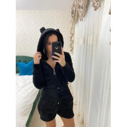 Salopeta dama scurta neagra plusata cu urechi si fermoar