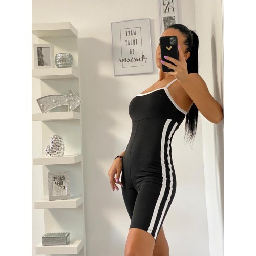 Salopeta scurta casual din microfibra neagra cu dungi laterale
