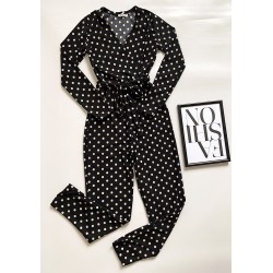Salopeta dama casual lunga neagra cu imprimeu buline si cordon in talie