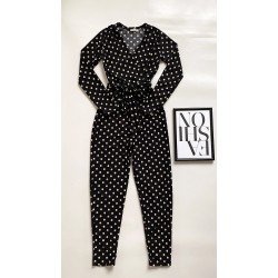 Salopeta dama casual lunga neagra cu imprimeu buline si cordon in talie