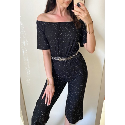 Salopeta dama casual midi neagra cu imprimeu puncte si umerii goi