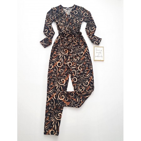 Salopeta dama eleganta animal print cu maneca lunga si cordon in talie cu imprimeu linii serpuite