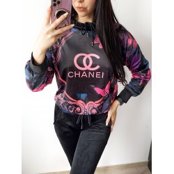 Trening dama din CATIFEA cu pantaloni lungi negri cu snur si bluza cu gluga imprimeu CHANEI