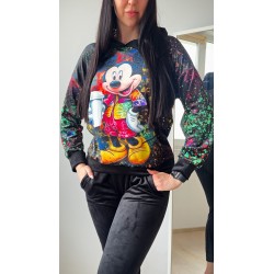 Trening dama negru din CATIFEA cu pantaloni lungi cu snur si bluza neagra cu gluga imprimeu Mickey cute