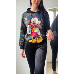Trening dama negru din CATIFEA cu pantaloni lungi cu snur si bluza neagra cu gluga imprimeu Mickey cute
