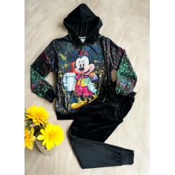 Trening dama negru din CATIFEA cu pantaloni lungi cu snur si bluza neagra cu gluga imprimeu Mickey cute