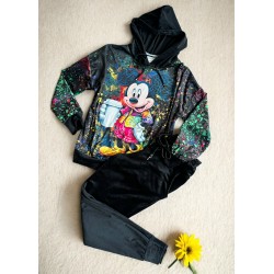 Trening dama negru din CATIFEA cu pantaloni lungi cu snur si bluza neagra cu gluga imprimeu Mickey cute