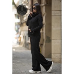 Trening dama din tricot negru cu hanorac cu buzunar si pantaloni largi cu model impletit