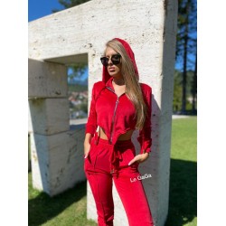 Trening dama superb rosu din catifea cu pantaloni stramti si hanorac in V cu fermoar si gluga