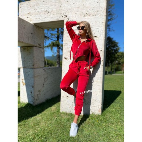 Trening dama superb rosu din catifea cu pantaloni stramti si hanorac in V cu fermoar si gluga