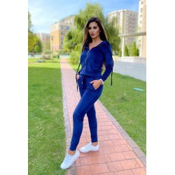 Trening dama superb bleumarin din catifea cu pantaloni lungi si hanorac clasic cu fermoar si gluga