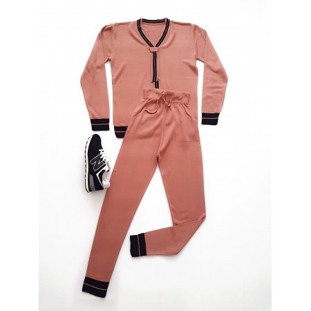 Trening dama ieftin lung din tricot roz cu bluza cu anchior