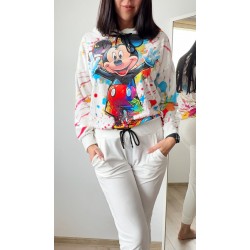 Trening dama alb din catifea cu pantaloni lungi cu snur si bluza alba cu gluga imprimeu MICKEY MOUSE happy