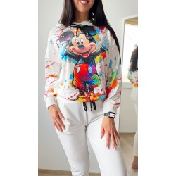 Trening dama alb din catifea cu pantaloni lungi cu snur si bluza alba cu gluga imprimeu MICKEY MOUSE happy