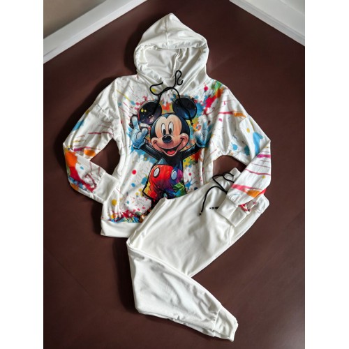 Trening dama alb din catifea cu pantaloni lungi cu snur si bluza alba cu gluga imprimeu MICKEY MOUSE happy