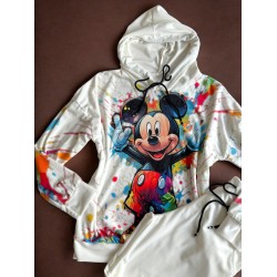 Trening dama alb din catifea cu pantaloni lungi cu snur si bluza alba cu gluga imprimeu MICKEY MOUSE happy