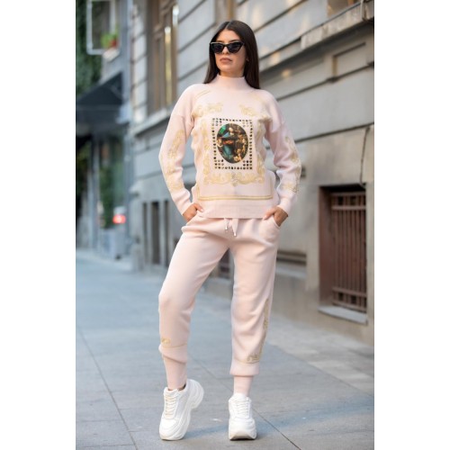 Trening dama din tricot roz cu bluza pe gat si model Tablou