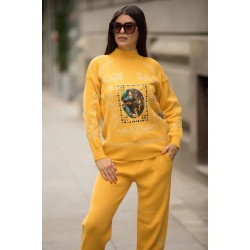 Trening dama din tricot galben cu bluza pe gat si model Tablou