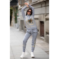 Trening dama din tricot gri cu bluza pe gat si model Tablou