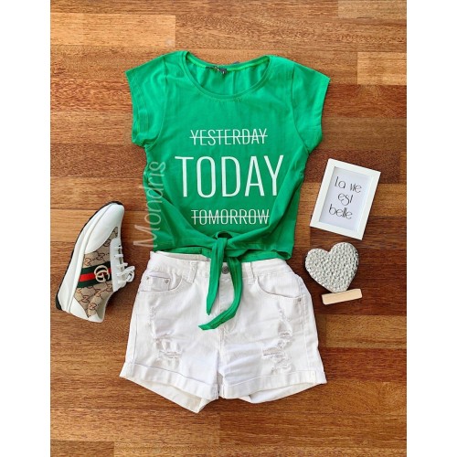 Tricou dama ieftin din bumbac verde cu snur in talie si imprimeu TODAY