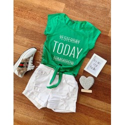 Tricou dama ieftin din bumbac verde cu snur in talie si imprimeu TODAY