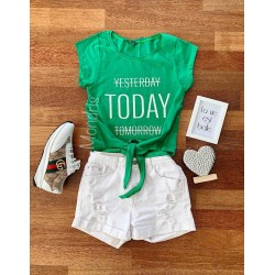 Tricou dama ieftin din bumbac verde cu snur in talie si imprimeu TODAY