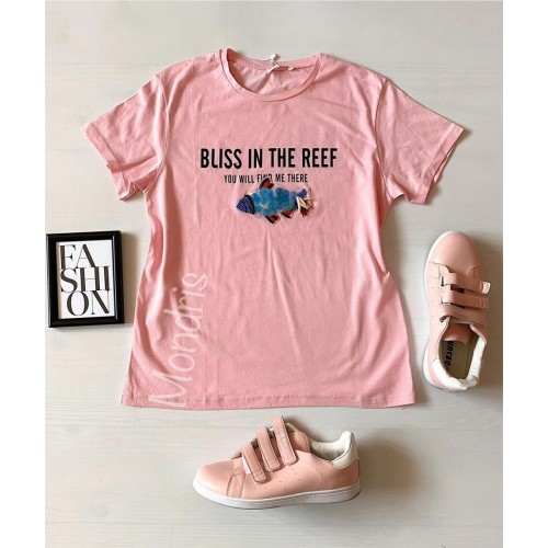 Tricou dama bumbac fin 100% roz cu maneca scurta si imprimeu din paiete Fish