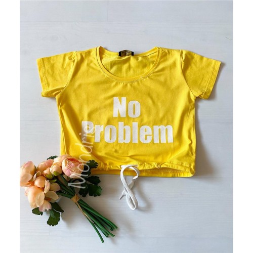 Tricou dama ieftin din bumbac galben cu snur cu imprimeu No problem