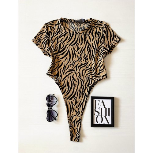 Body dama ieftin bumbac maro decupat lateral cu imprimeu Zebra
