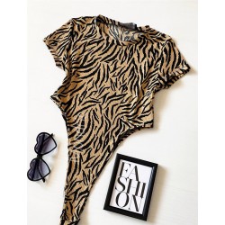 Body dama ieftin bumbac maro decupat lateral cu imprimeu Zebra