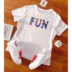 Tricou dama bumbac fin 100% alb cu imprimeu cu paiete FUN