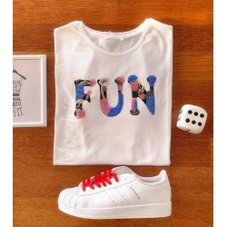 Tricou dama bumbac fin 100% alb cu imprimeu cu paiete FUN