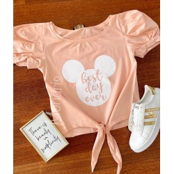 Tricou dama ieftin din bumbac roz cu snur in talie si maneci bufante si imprimeu Best day ever