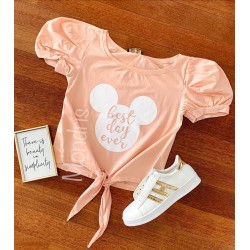 Tricou dama ieftin din bumbac roz cu snur in talie si maneci bufante si imprimeu Best day ever