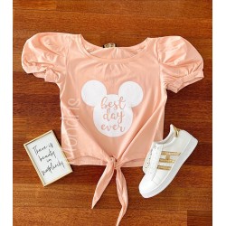 Tricou dama ieftin din bumbac roz cu snur in talie si maneci bufante si imprimeu Best day ever
