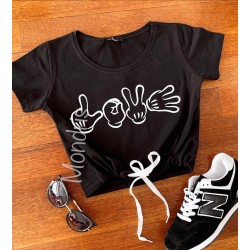 Tricou dama ieftin din bumbac negru cu snur in talie si imprimeu Love