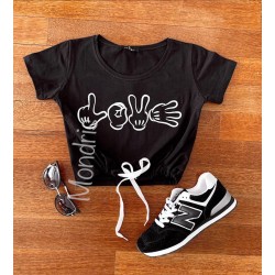 Tricou dama ieftin din bumbac negru cu snur in talie si imprimeu Love