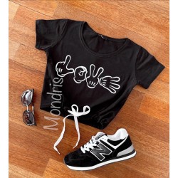 Tricou dama ieftin din bumbac negru cu snur in talie si imprimeu Love