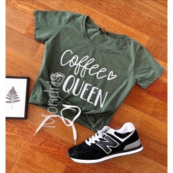 Tricou dama ieftin din bumbac khaki cu imprimeu Coffee Queen
