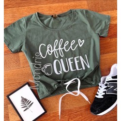 Tricou dama ieftin din bumbac khaki cu imprimeu Coffee Queen