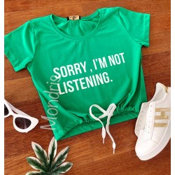 Tricou dama ieftin din bumbac verde cu imprimeu Sorry, I'm not listening
