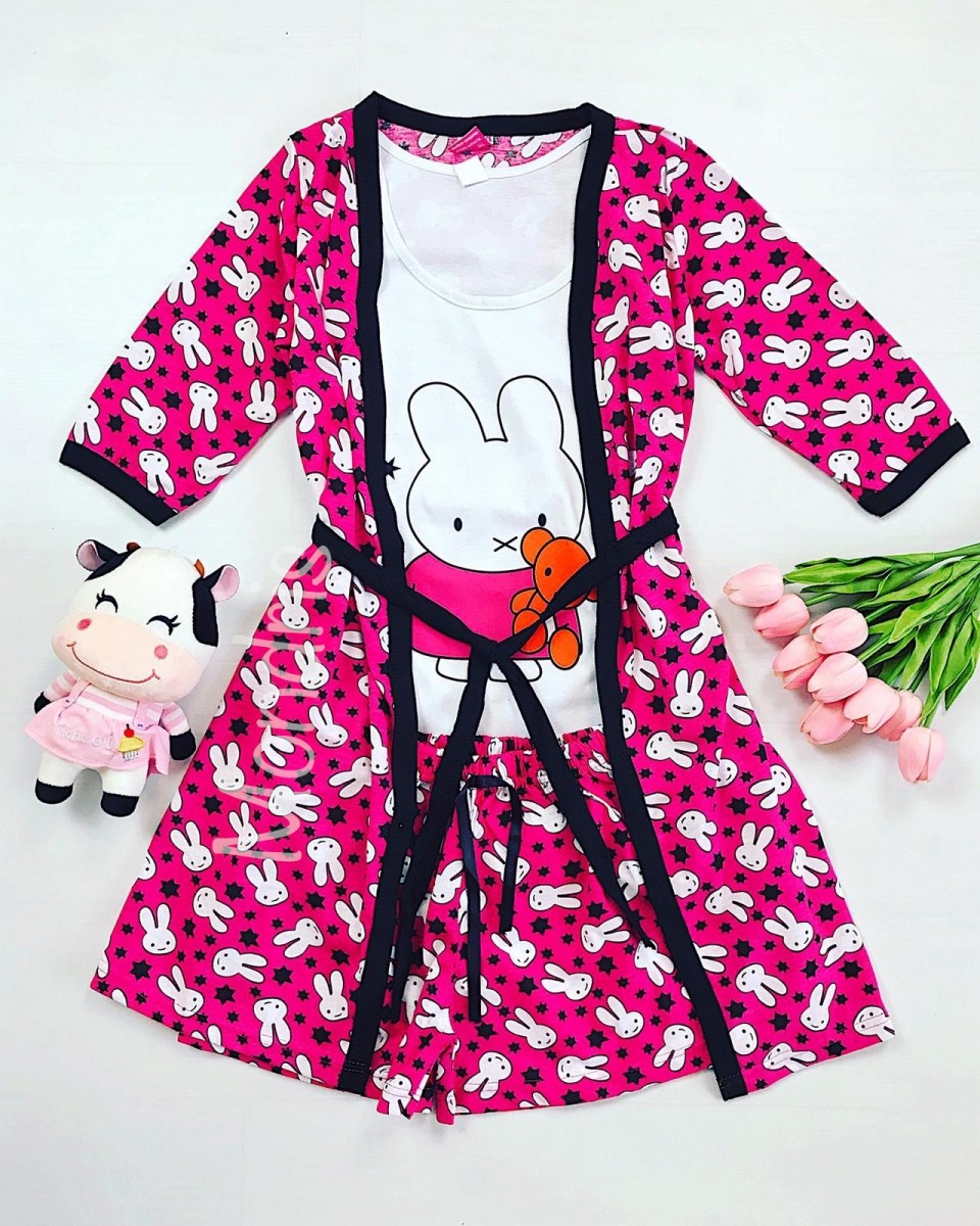 Set pijama dama 3 piese alcatuit din maieu + pantaloni scurti + halat roz cu imprimeu Bunny