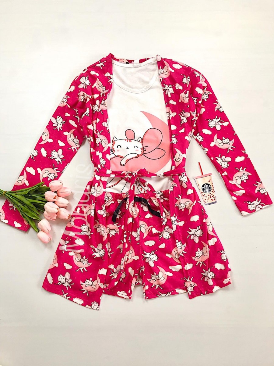 Set pijama dama 3 piese alcatuit din maieu + pantaloni scurti + halat roz inchis cu imprimeu Cute Cat
