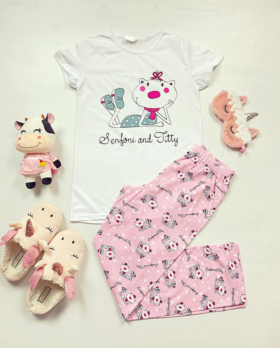 Pijama dama bumbac primavara-vara cu pantaloni lungi roz si tricou alb cu imprimeu Senfoni