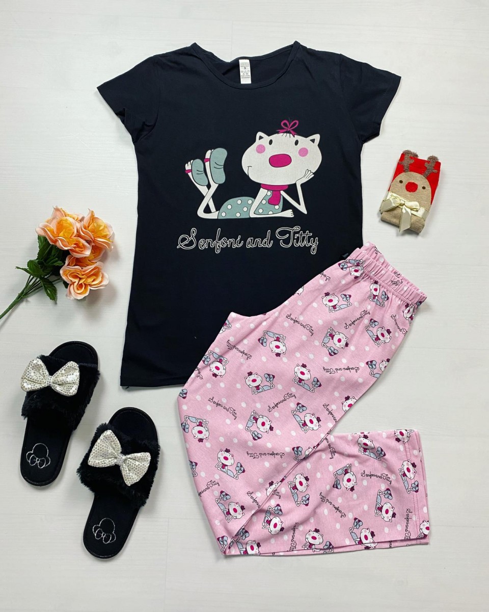 Pijama dama bumbac primavara-vara cu pantaloni lungi roz si tricou negru cu imprimeu Senfoni