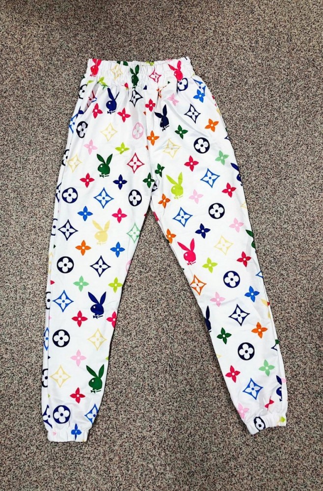 Pantaloni dama lungi albi tip colanti din bumbac cu imprimeu PY colorat
